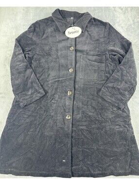 Mordenmiss Black Corduroy Long Button-Up Coat Jacket Size L 100% Cotton NWT